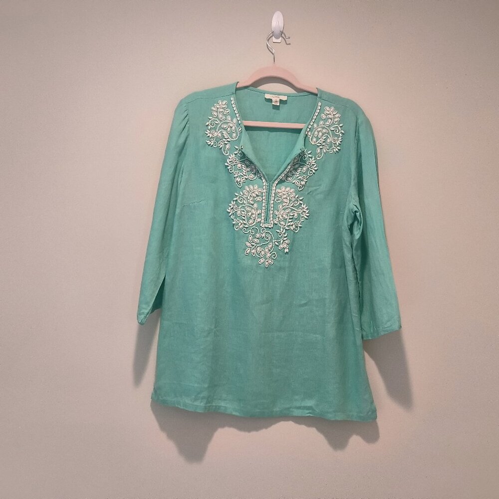 Charter Club  100% linen  green, embroidered rhinestones tunic size L